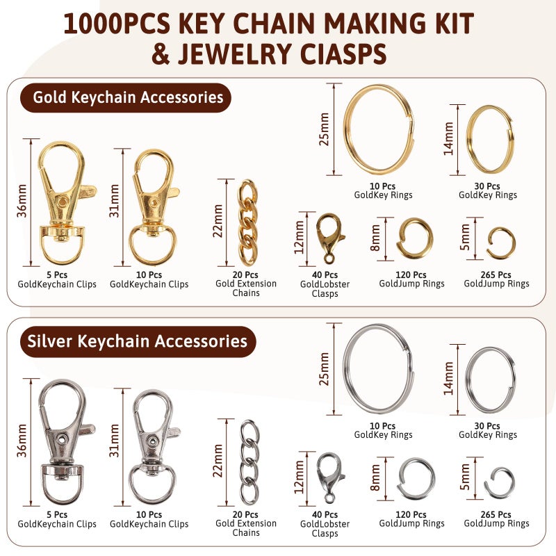 KIAFUM 1000-Piece Keychain Making Kit - Gold and Silver Lobster Claw Clasps, Key Rings, Jump Rings, Charms & Chains for DIY Craft Supplies, Jewelry Making, Bag Charms, and Lip Gloss Lanyards - Image 2
