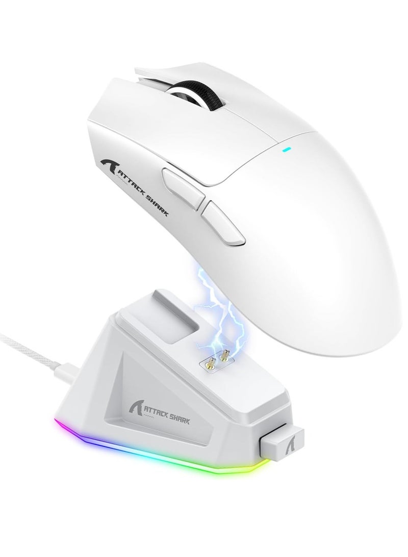 Attack Shark Ultra-light gaming mouse X11 weighing 63g, supports 3 connection modes (USB-C wired, Bluetooth 5.0, 2.4GHz wireless), high-precision PixArt 3311 sensor up to 22000 DPI, one-touch magnetic charging base with customizable RGB lighting, Huano buttons lasting up to 20 million clicks with smooth and fast performance, ergonomic and responsive design for gamers and designers, ideal for PC, Mac and multi-tasking  - Image 1