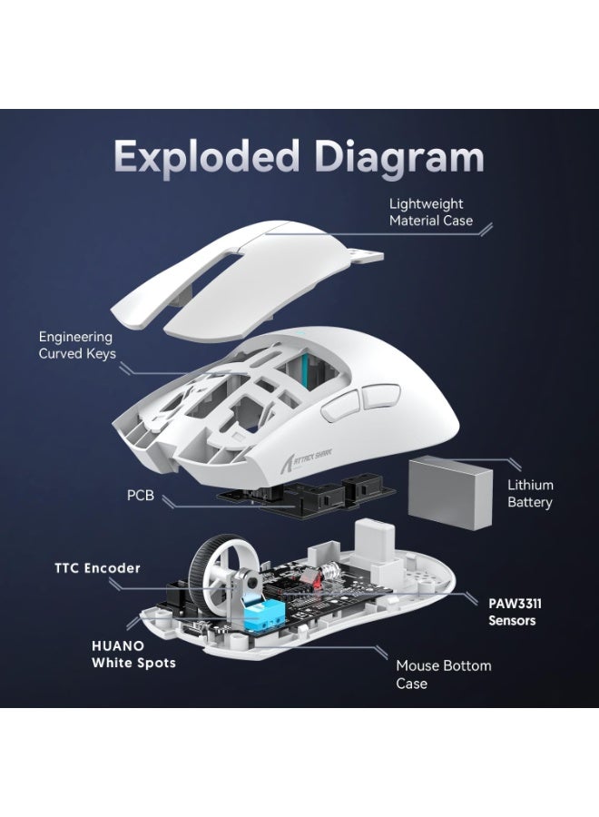 Attack Shark Ultra-light gaming mouse X11 weighing 63g, supports 3 connection modes (USB-C wired, Bluetooth 5.0, 2.4GHz wireless), high-precision PixArt 3311 sensor up to 22000 DPI, one-touch magnetic charging base with customizable RGB lighting, Huano buttons lasting up to 20 million clicks with smooth and fast performance, ergonomic and responsive design for gamers and designers, ideal for PC, Mac and multi-tasking  - Image 2