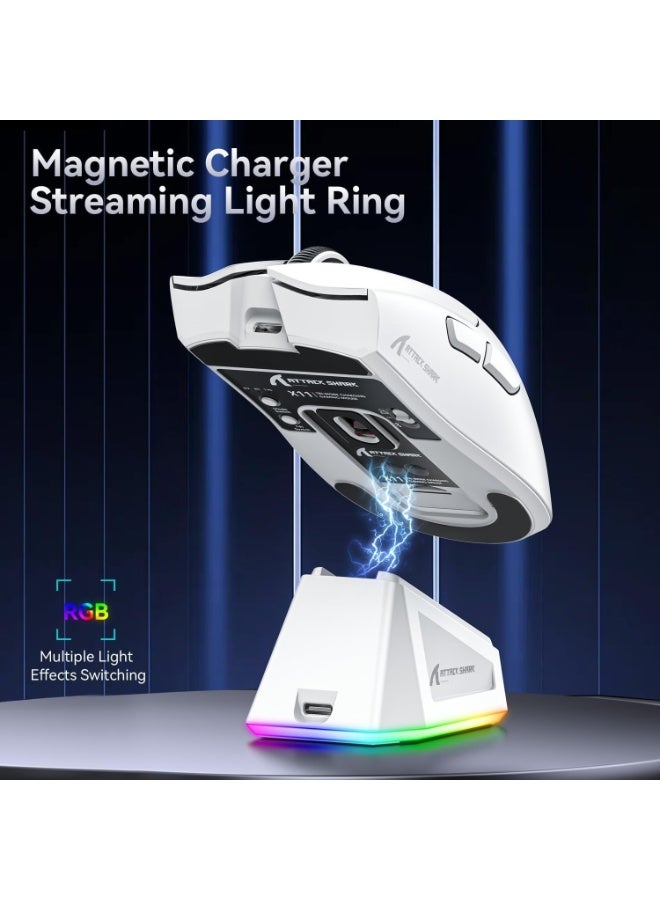 Attack Shark Ultra-light gaming mouse X11 weighing 63g, supports 3 connection modes (USB-C wired, Bluetooth 5.0, 2.4GHz wireless), high-precision PixArt 3311 sensor up to 22000 DPI, one-touch magnetic charging base with customizable RGB lighting, Huano buttons lasting up to 20 million clicks with smooth and fast performance, ergonomic and responsive design for gamers and designers, ideal for PC, Mac and multi-tasking  - Image 5