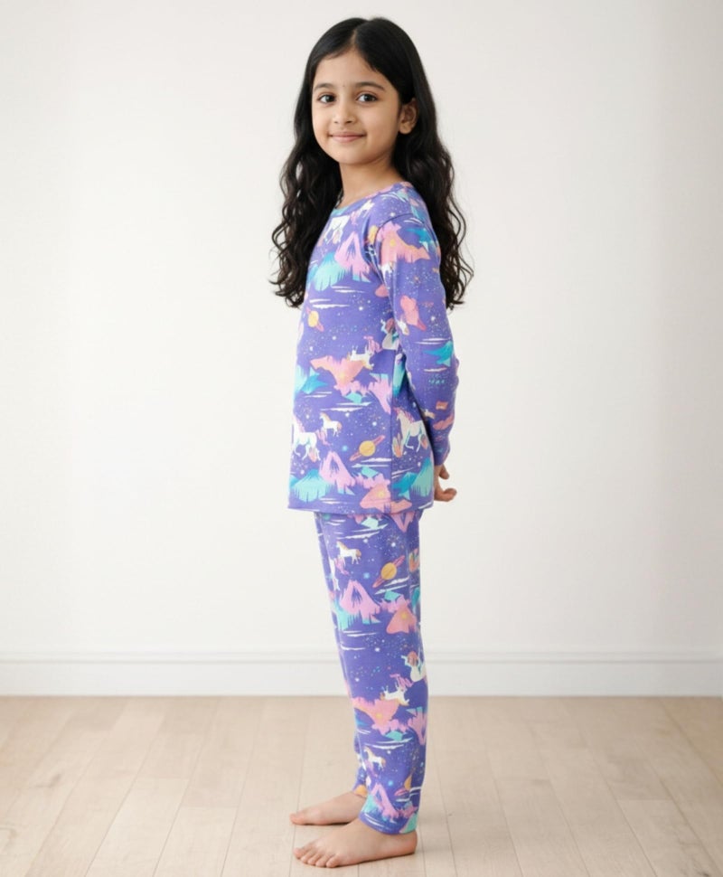 ANTHRILO Pajama T-Shirt Set for Girls | Kids Night Suit for Girls | Nightwear | 100% Cotton Pyjama Set Unicorn Planet Print Purple | Long Sleeve T-Shirt and Pajama | 6-7 Years - Image 4