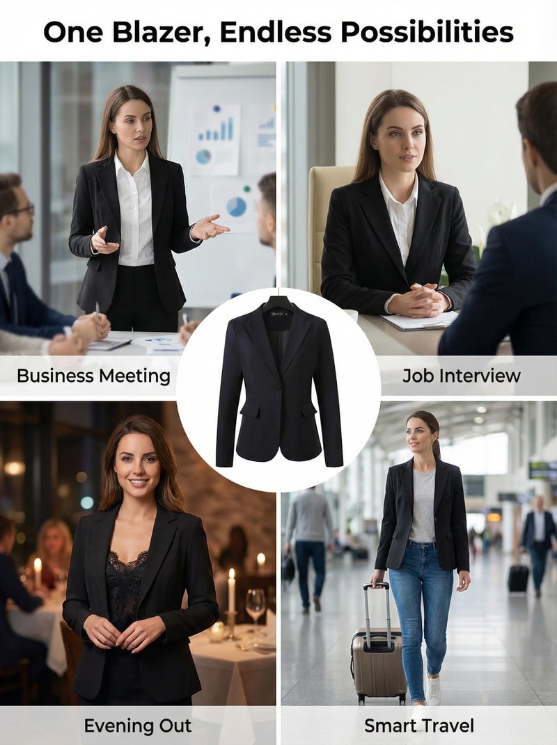 Beninos Womens One Button Blazer Lightweight Office Work Suit Jacket (918 Black, XL) - Image 5