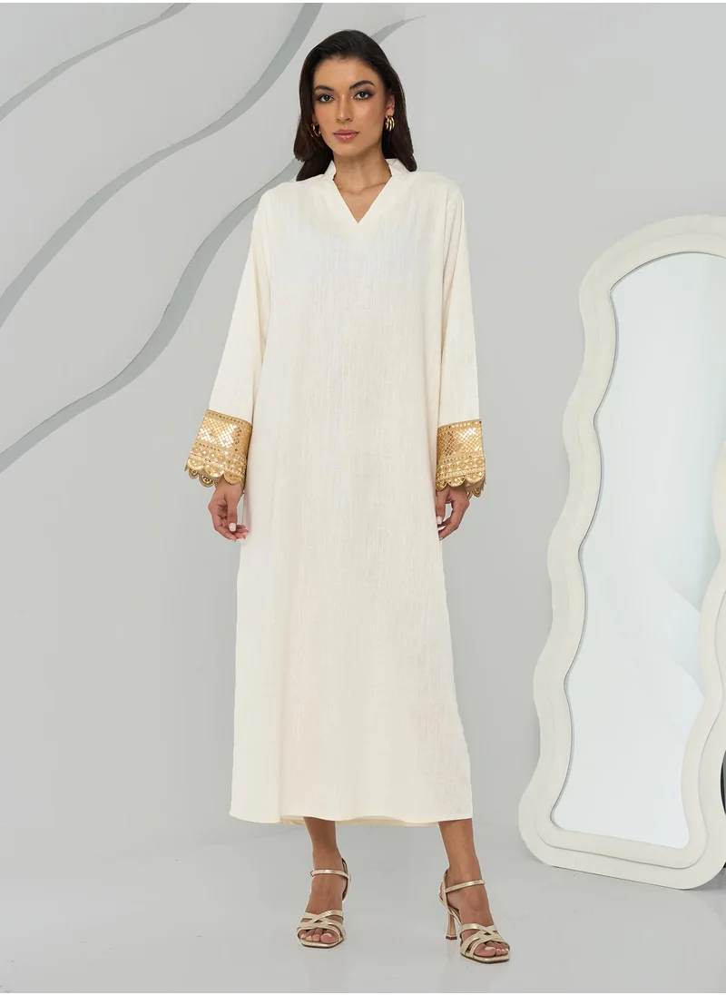 Couturelabs Ivory Linen Kaftan with Gold Sleeve