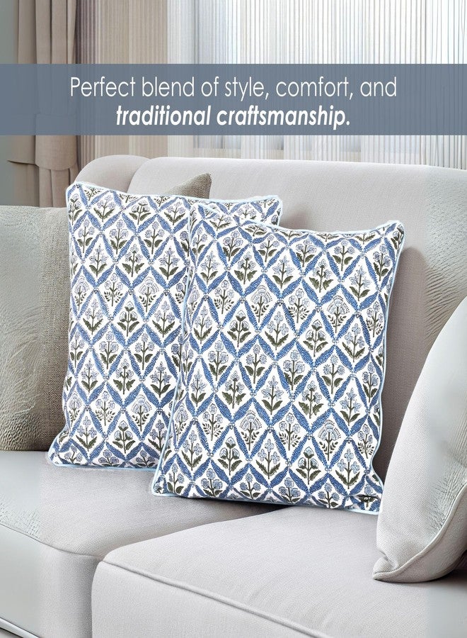 SheetKart Block Print Pillow Cover - Cotton Throw Pillow Covers for Boho Decorative Couch, Living Room, Bohemian Theme Gifts, Floral Blue - 18 x 18 Inches - Set of 2 - Image 4