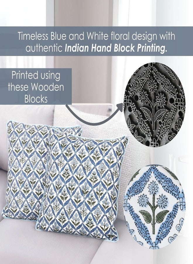 SheetKart Block Print Pillow Cover - Cotton Throw Pillow Covers for Boho Decorative Couch, Living Room, Bohemian Theme Gifts, Floral Blue - 18 x 18 Inches - Set of 2 - Image 3