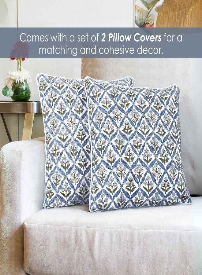 SheetKart Block Print Pillow Cover - Cotton Throw Pillow Covers for Boho Decorative Couch, Living Room, Bohemian Theme Gifts, Floral Blue - 18 x 18 Inches - Set of 2 - Image 2
