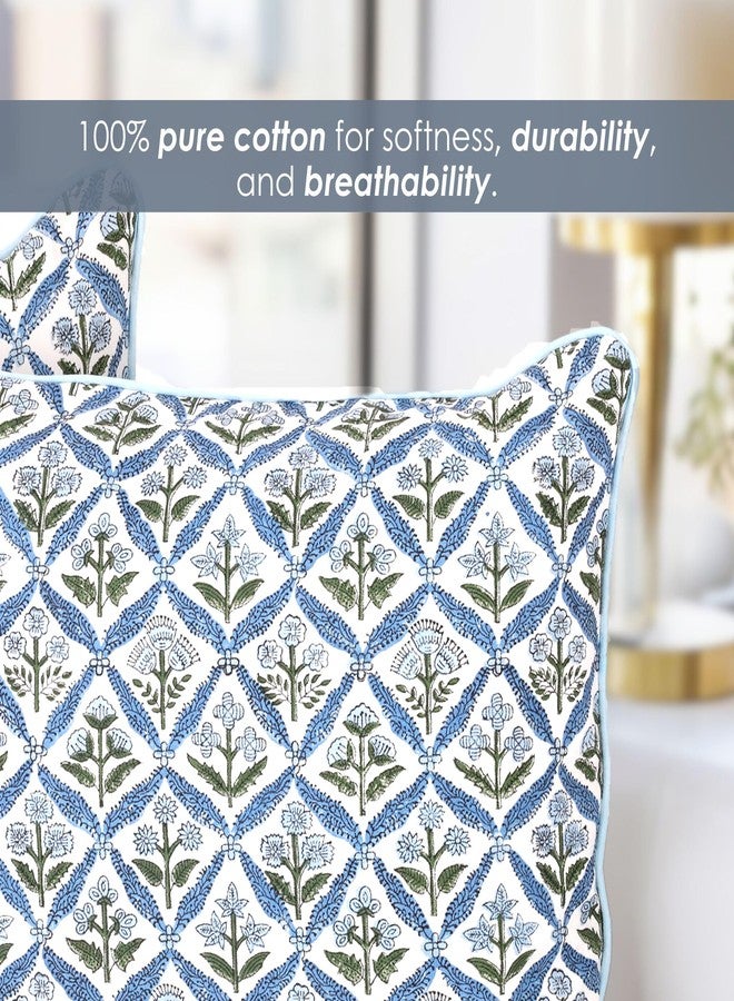SheetKart Block Print Pillow Cover - Cotton Throw Pillow Covers for Boho Decorative Couch, Living Room, Bohemian Theme Gifts, Floral Blue - 18 x 18 Inches - Set of 2 - Image 5