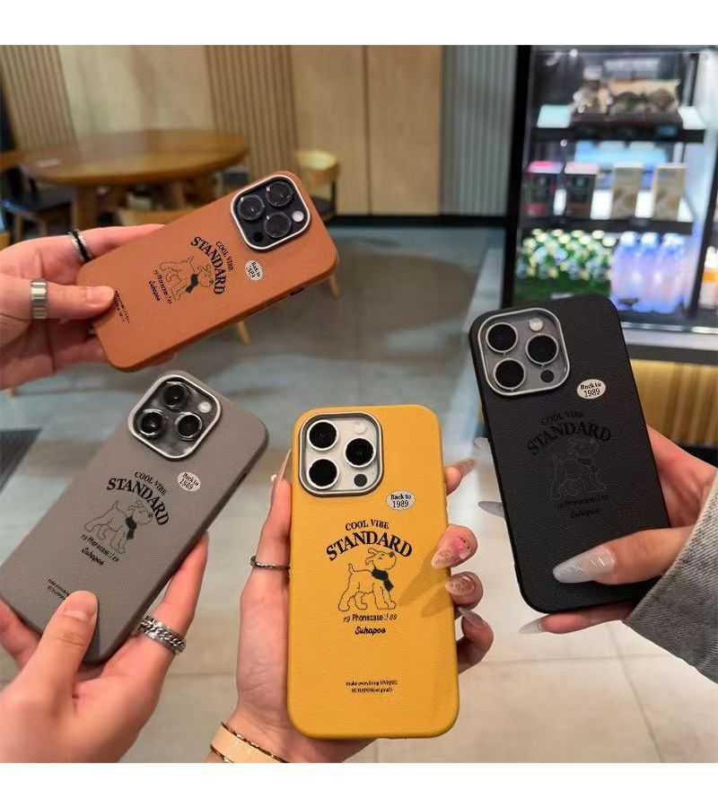 Phone Case For IPhone 16 Plus Leather Print Frame Gray New English Puppy Pattern High Value Light Luxury Electroplated Frame Large Hole Imitation Leather Lychee Texture Anti Fall - Image 2
