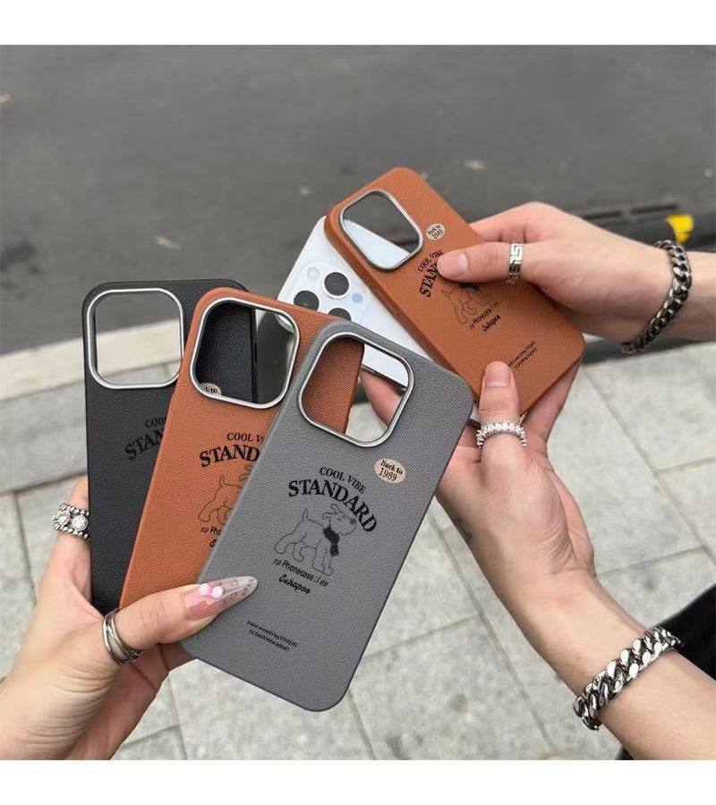 Phone Case For IPhone 16 Plus Leather Print Frame Gray New English Puppy Pattern High Value Light Luxury Electroplated Frame Large Hole Imitation Leather Lychee Texture Anti Fall - Image 3