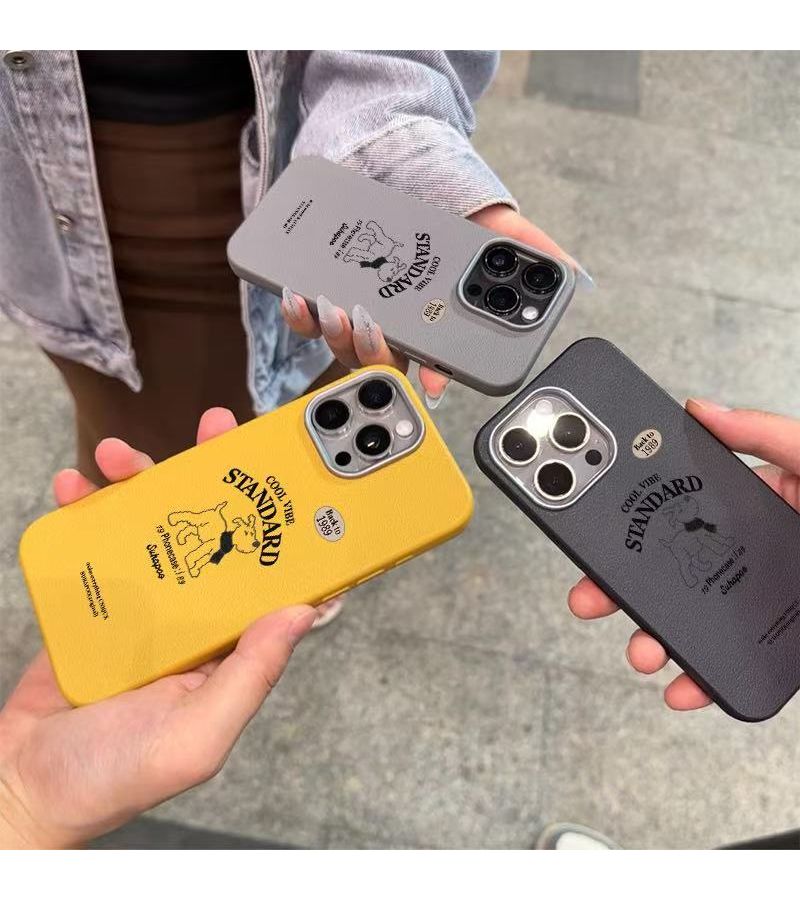 Phone Case For IPhone 16 Plus Leather Print Frame Gray New English Puppy Pattern High Value Light Luxury Electroplated Frame Large Hole Imitation Leather Lychee Texture Anti Fall - Image 4