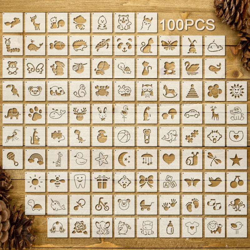 Fainne 100 Pcs 2 Inch Stencils Small Stencils for Painting on Wood Reusable Painting Templates Crafts for DIY Scrapbook, Wood, Wall, Fabric, Rock, Chalkboard, Sign(Cute Baby Animal) - Image 1