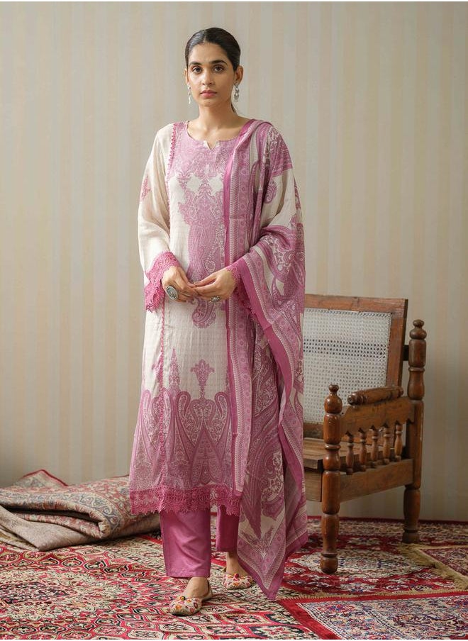 DW Printed Straight Kurta with Trouser and Dupatta Set by Styli  - Image 1