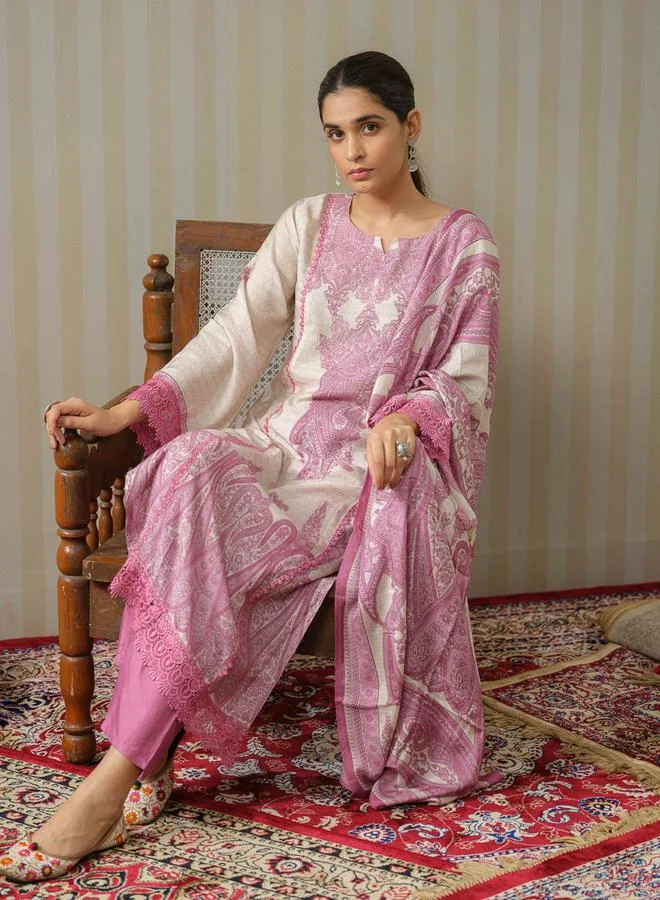 DW Printed Straight Kurta with Trouser and Dupatta Set by Styli