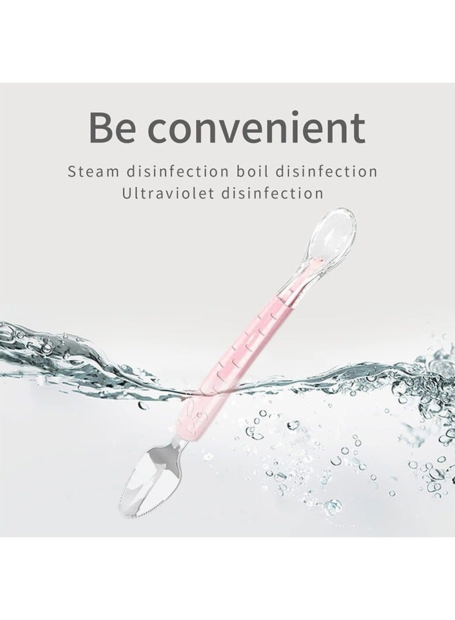 Double Head Baby Silicone Food Spoon, Portable Stainless Steel BPA Free Scraping Mud Spoon, Practical Weaning Supplies (Pink) - Image 3