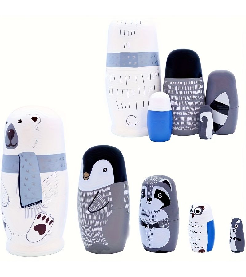 White Handcrafted Wooden Nesting Doll Set for Kids Party Favors Educational Toy - Image 3