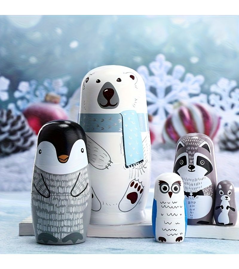 White Handcrafted Wooden Nesting Doll Set for Kids Party Favors Educational Toy - Image 4