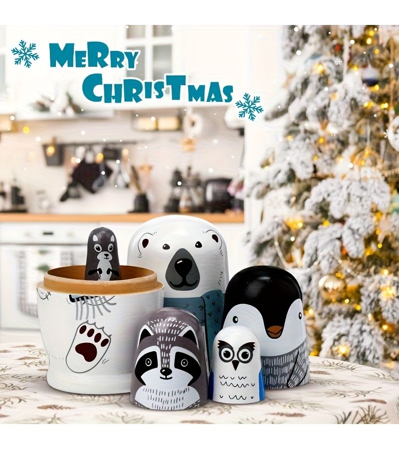 White Handcrafted Wooden Nesting Doll Set for Kids Party Favors Educational Toy - Image 5