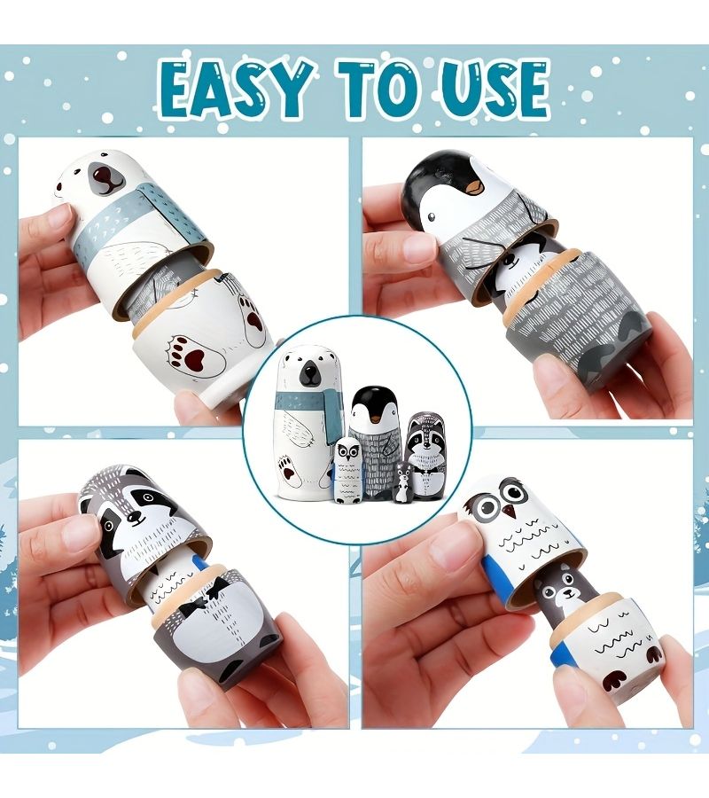 White Handcrafted Wooden Nesting Doll Set for Kids Party Favors Educational Toy - Image 2