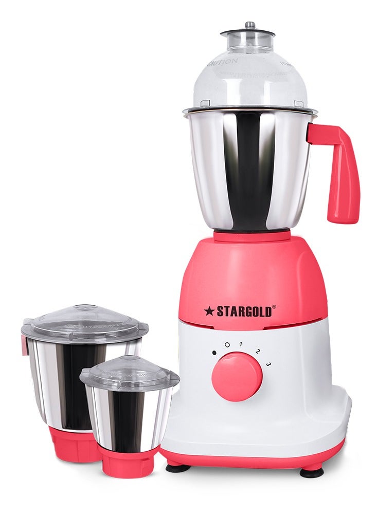 Stargold - 600 Watts Mixer Grinder with 3 Stainless Steel Liquidizing, Dry Grinding and Chutney Jar, Multi-Purpose Dry Wet Grinder for Masala, Spices, Nut Butters, Chutneys & More – Pink - Image 1