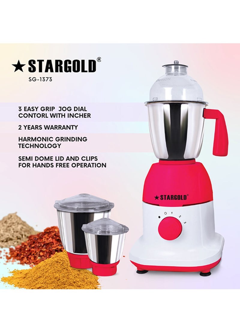 Stargold - 600 Watts Mixer Grinder with 3 Stainless Steel Liquidizing, Dry Grinding and Chutney Jar, Multi-Purpose Dry Wet Grinder for Masala, Spices, Nut Butters, Chutneys & More – Pink - Image 1
