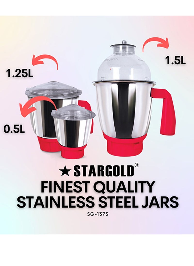 Stargold - 600 Watts Mixer Grinder with 3 Stainless Steel Liquidizing, Dry Grinding and Chutney Jar, Multi-Purpose Dry Wet Grinder for Masala, Spices, Nut Butters, Chutneys & More – Pink - Image 1
