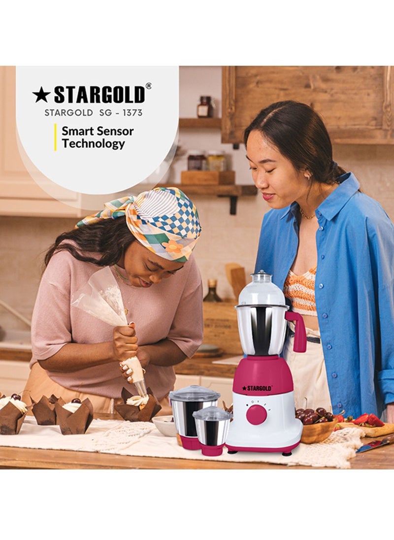 Stargold - 600 Watts Mixer Grinder with 3 Stainless Steel Liquidizing, Dry Grinding and Chutney Jar, Multi-Purpose Dry Wet Grinder for Masala, Spices, Nut Butters, Chutneys & More – Pink - Image 1