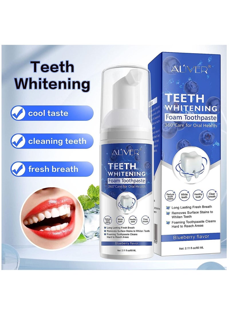 ALIVER معجون أسنان رغوي لتبييض الأسنان 60 مل معجون أسنان بنكهة التوت الأزرق لإزالة البقع بشكل مكثف معجون أسنان مناسب للسفر سهل الاستخدام للعناية بالفم بديل معجون أسنان رغوة موس فائقة النعومة - Image 2