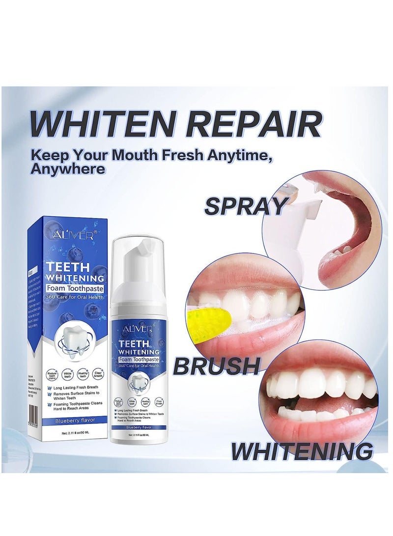 ALIVER معجون أسنان رغوي لتبييض الأسنان 60 مل معجون أسنان بنكهة التوت الأزرق لإزالة البقع بشكل مكثف معجون أسنان مناسب للسفر سهل الاستخدام للعناية بالفم بديل معجون أسنان رغوة موس فائقة النعومة - Image 4