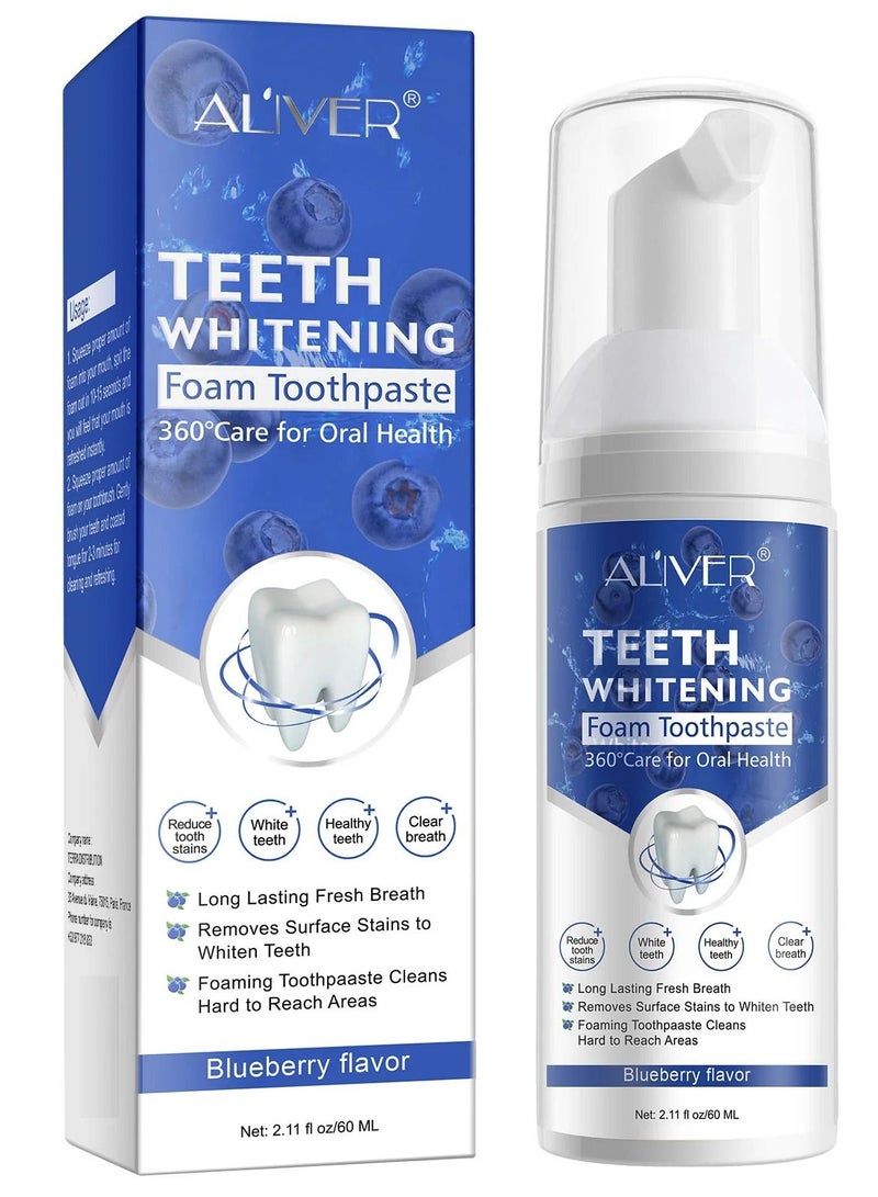 ALIVER معجون أسنان رغوي لتبييض الأسنان 60 مل معجون أسنان بنكهة التوت الأزرق لإزالة البقع بشكل مكثف معجون أسنان مناسب للسفر سهل الاستخدام للعناية بالفم بديل معجون أسنان رغوة موس فائقة النعومة - Image 1