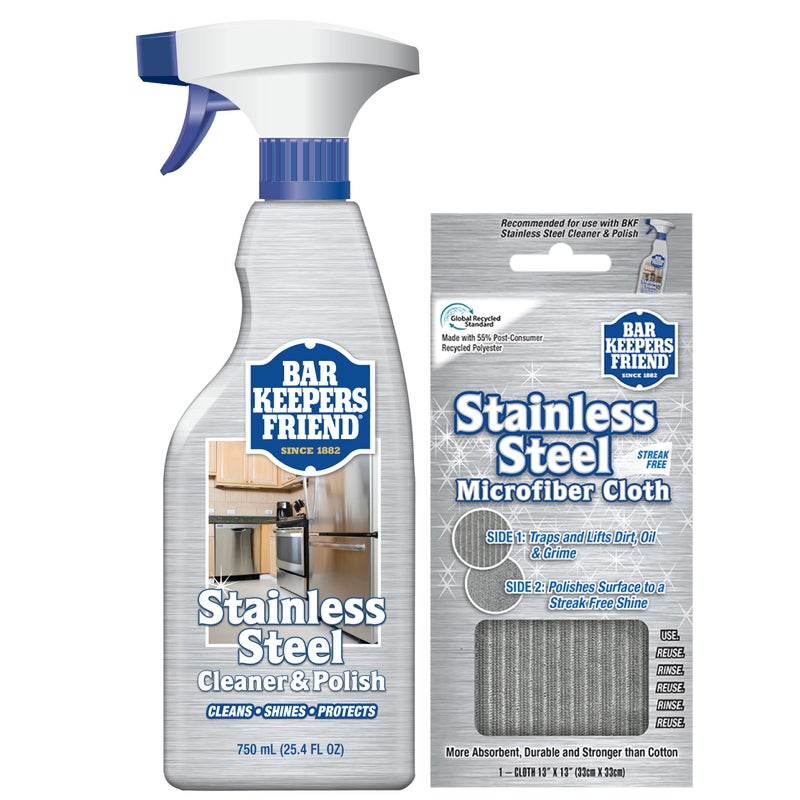 Bar Keepers Friend Stainless Steel Cleaner Spray (25.4 oz) + Microfiber Cloth - Removes Fingerprints and Grime Without Dulling - Image 1