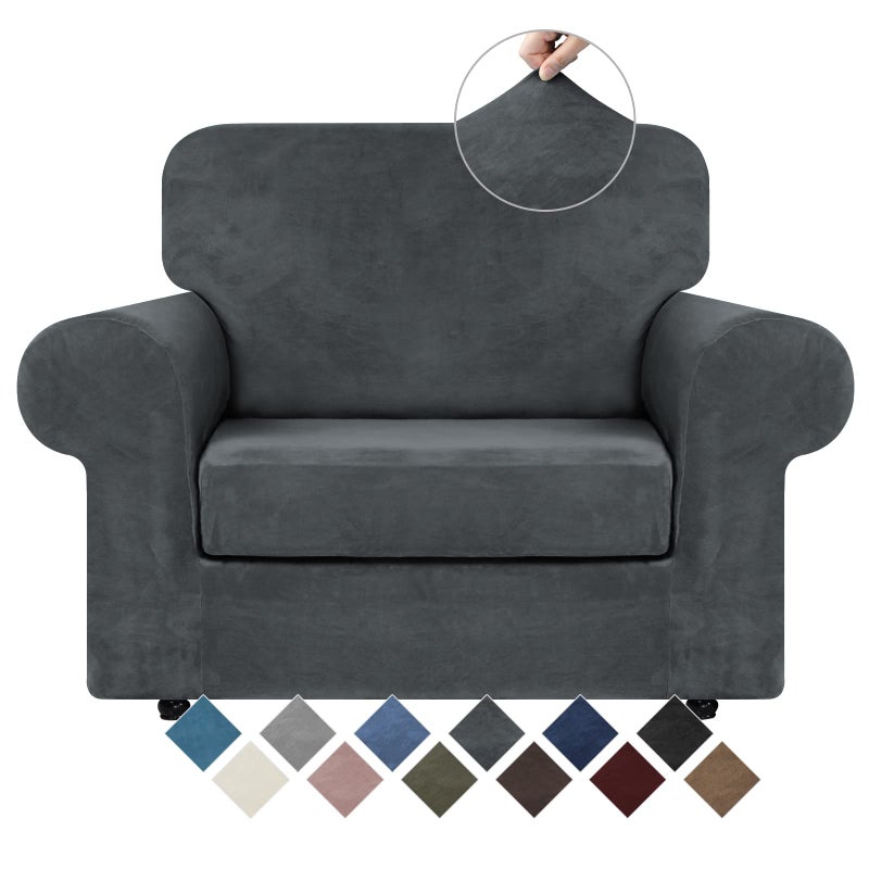 WEERRW Velvet Stretch Chair Sofa Slipcover 2 Pieces Luxury Soft Velvet Plush Couch Cover Furniture Protector with Elastic Bottom for Pets Machine Washable Dark Gray Small