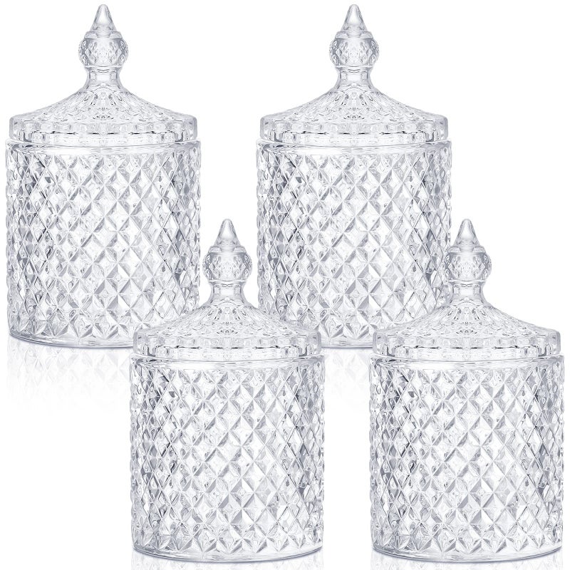 Aoriher 4 Pcs Crystal Glass Candy Jar Set with Lids Home Decorative Storage Jars for Apothecary Bathroom Kitchen and Pantry Ideal for Cotton Swabs and JewelryMediumClear