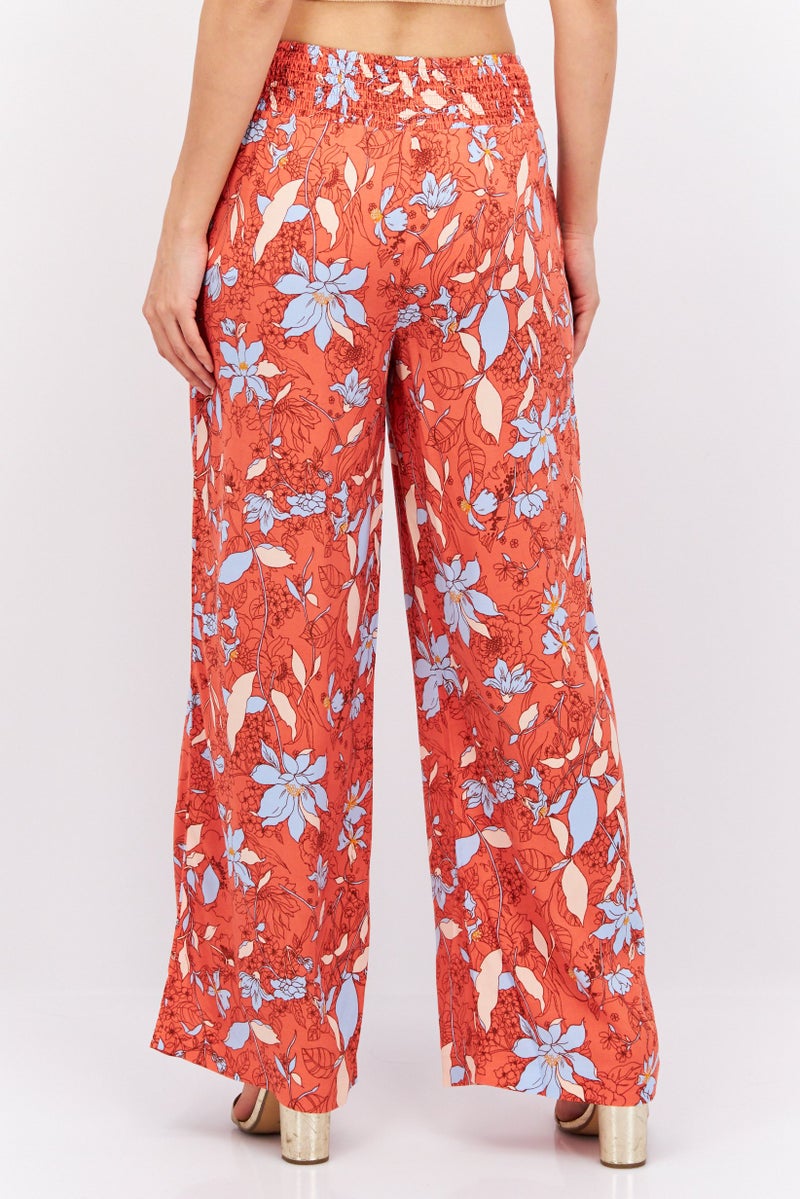 ESPRIT Women Wide Leg Floral Print Palazzo Pants, Peach Combo - Image 2