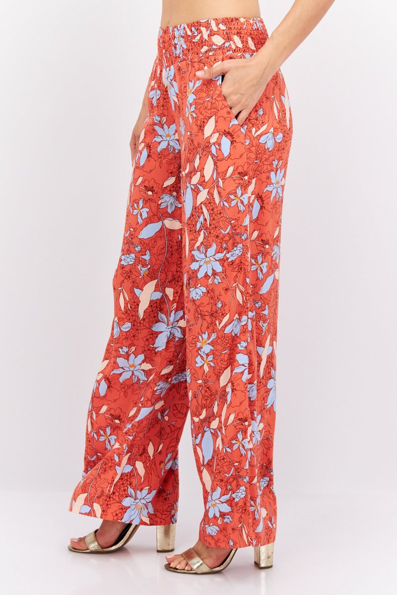 ESPRIT Women Wide Leg Floral Print Palazzo Pants, Peach Combo - Image 3
