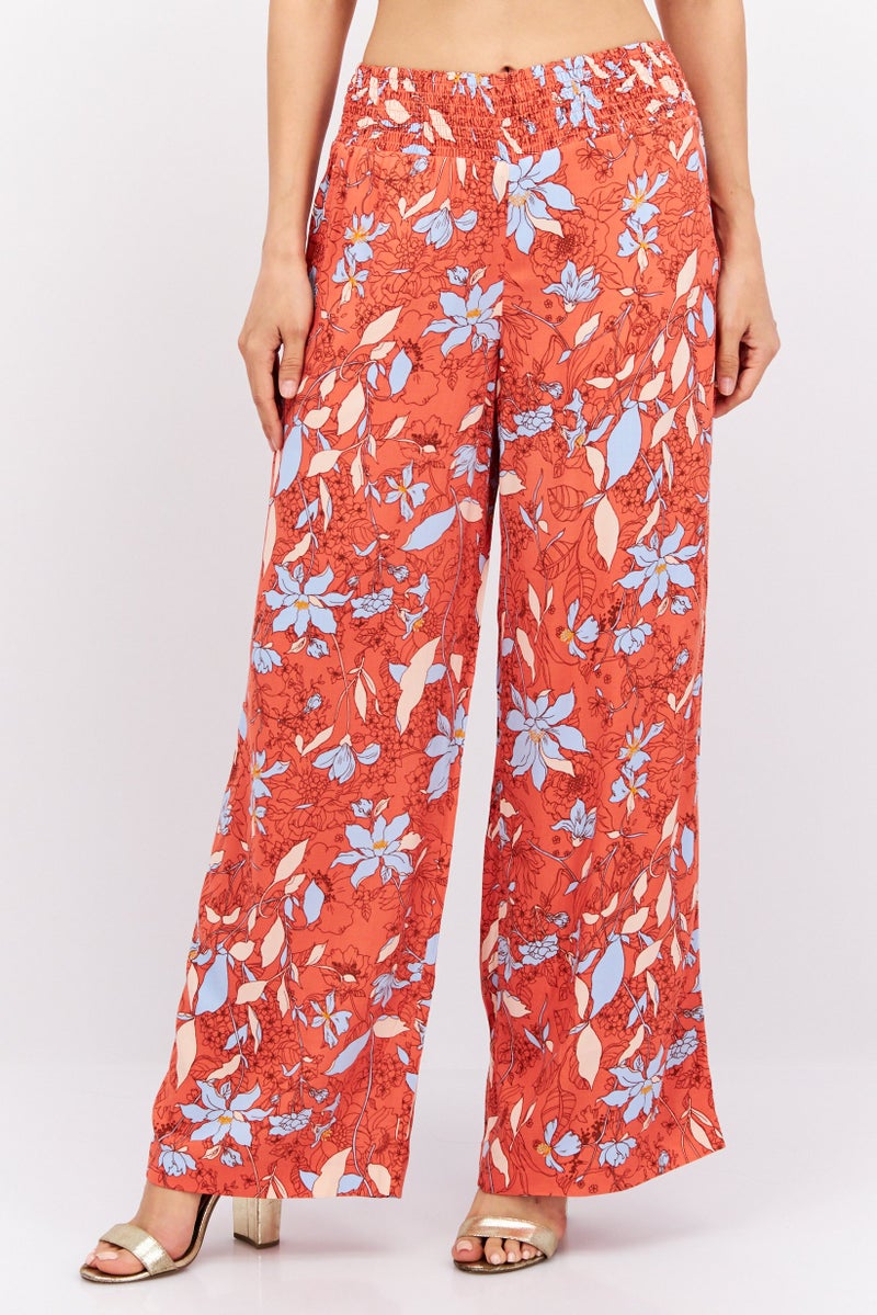 ESPRIT Women Wide Leg Floral Print Palazzo Pants, Peach Combo - Image 1