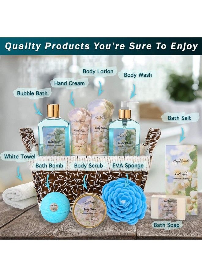 Aqua Elegante Spa Baskets For Women Luxury Bath Set With Jasmine & Lavender Spa Kit Includes Wash Bubble Bath Lotion Bath Salts Body Scrub Body Spray Shower Puff Bathbombs Soap And Towel  - Image 3