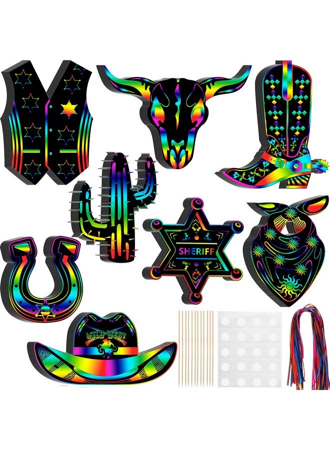 Hungdao 80 Pcs Western Cowboy Scratch Cards For Kids Colorful Rainbow Cowboy Scratch Paper Art With Wooden Stylus For Western Theme Birthday Party Classroom Diy Activities (Classic Style) - Image 1