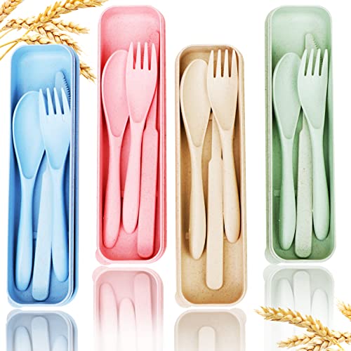 YDYTOP Reusable Travel Utensils Set with Case, 4 Sets Wheat Straw Portable Knife Fork Spoons Tableware, Eco-Friendly BPA Free Cutlery for Kids Adults Picnic Camping Utensils(Green, Beige, Pink, Blue) - Image 1