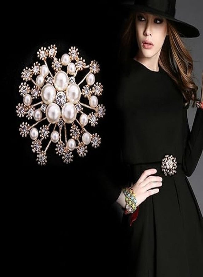 STARFLYER Elegant Pearl & Crystal Flower Brooch Pin for Women | Luxury Rhinestone Wedding Brooch for Saree, Dress, Shawl, Scarf, Party & Engagement Jewelry. - Image 3