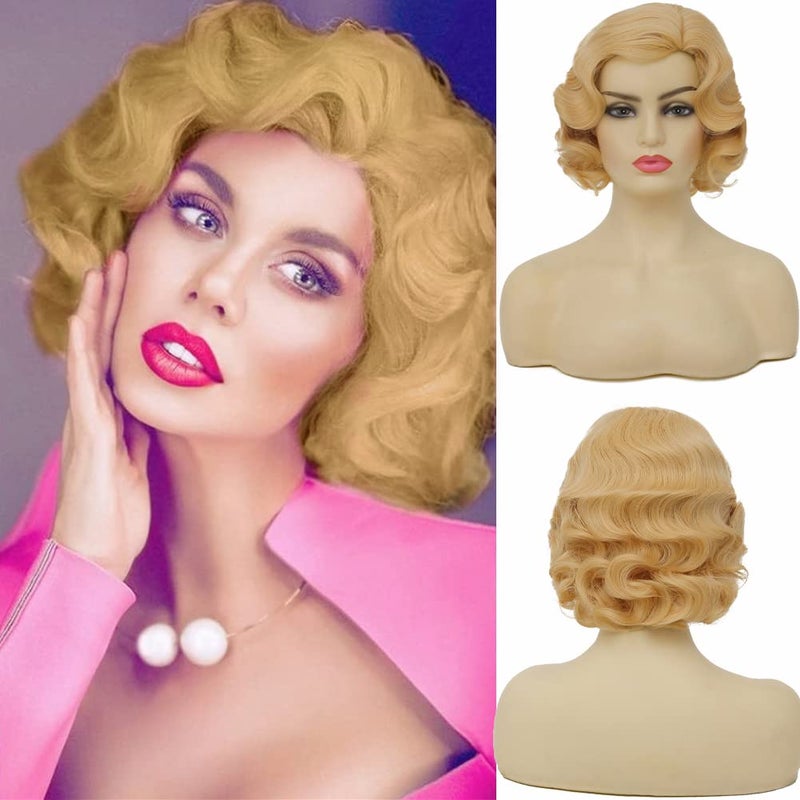 Swiking Short Curly Blonde Wigs for Women Finger Wave Wig Side Part Lady Synthetic 1920s Vintage Flapper Wig Blonde