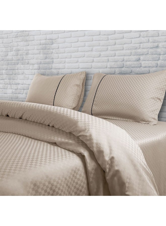 Spread Spain Oxford Cotton 400 Thread Count Soft Comfort Modern Design Bedsheets for Double Bed Fitted Bedsheet with 2 Pillow Covers Taupe (72" x 78" + 12" Inch) - Image 1