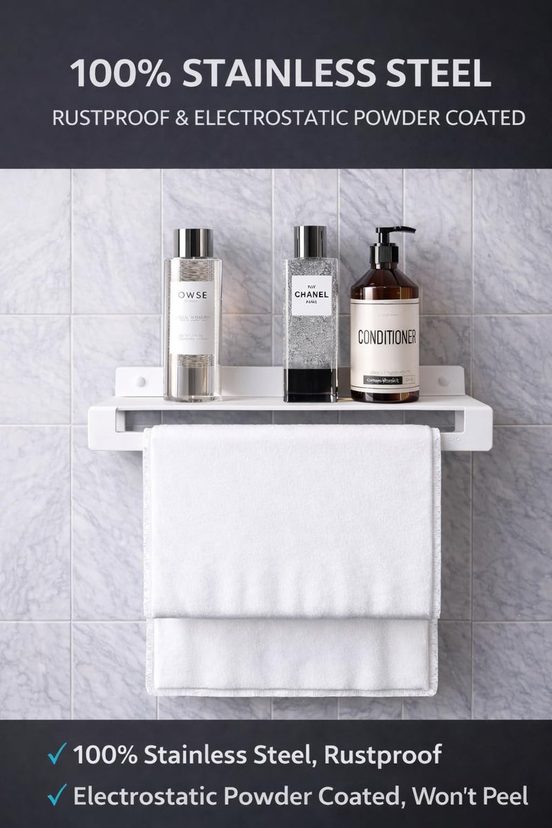 Wall Mounted Bathroom Shelf with Towel Bar – 100% Stainless Steel Rustproof Rack with Non-Peeling Electrostatic Powder Coating, Space-Saving Organizer for Bathroom & Kitchen (White) - Image 4