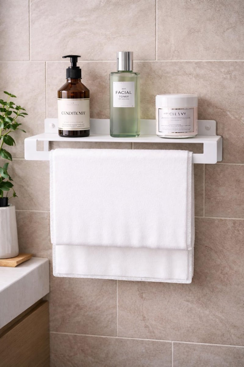 Wall Mounted Bathroom Shelf with Towel Bar – 100% Stainless Steel Rustproof Rack with Non-Peeling Electrostatic Powder Coating, Space-Saving Organizer for Bathroom & Kitchen (White) - Image 1