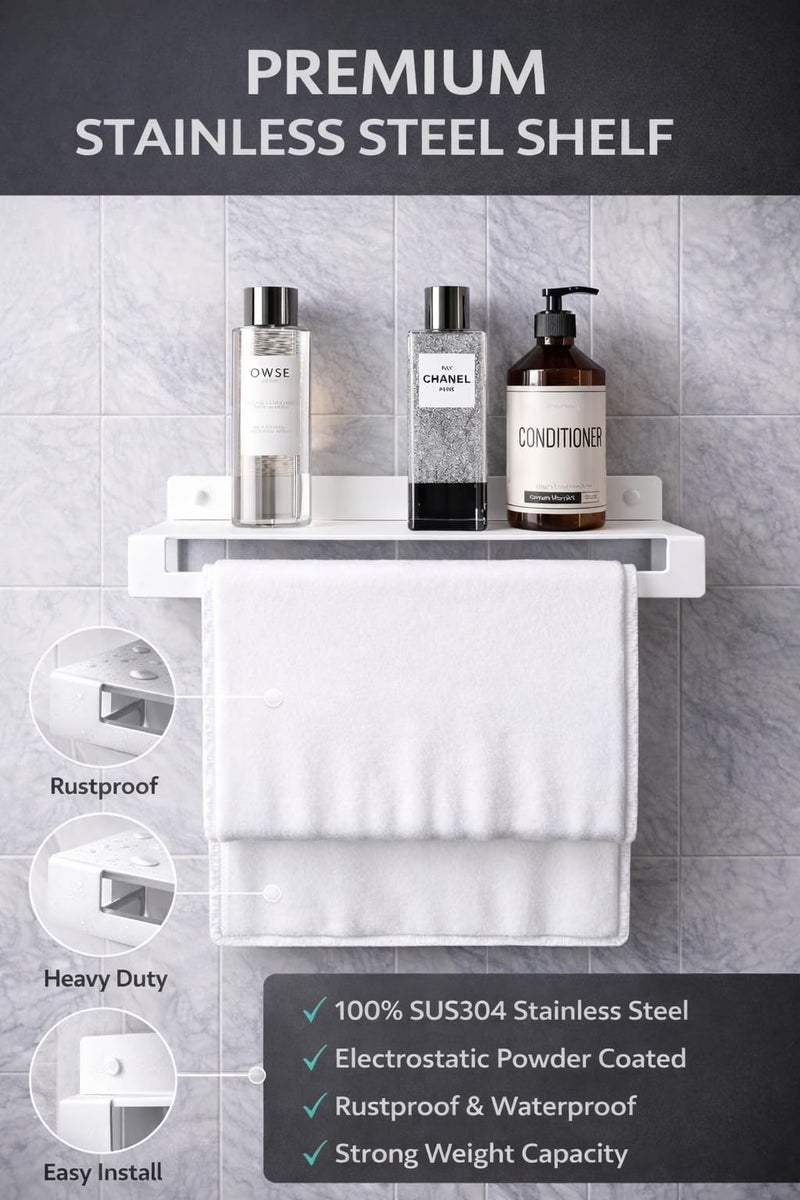 Wall Mounted Bathroom Shelf with Towel Bar – 100% Stainless Steel Rustproof Rack with Non-Peeling Electrostatic Powder Coating, Space-Saving Organizer for Bathroom & Kitchen (White) - Image 5