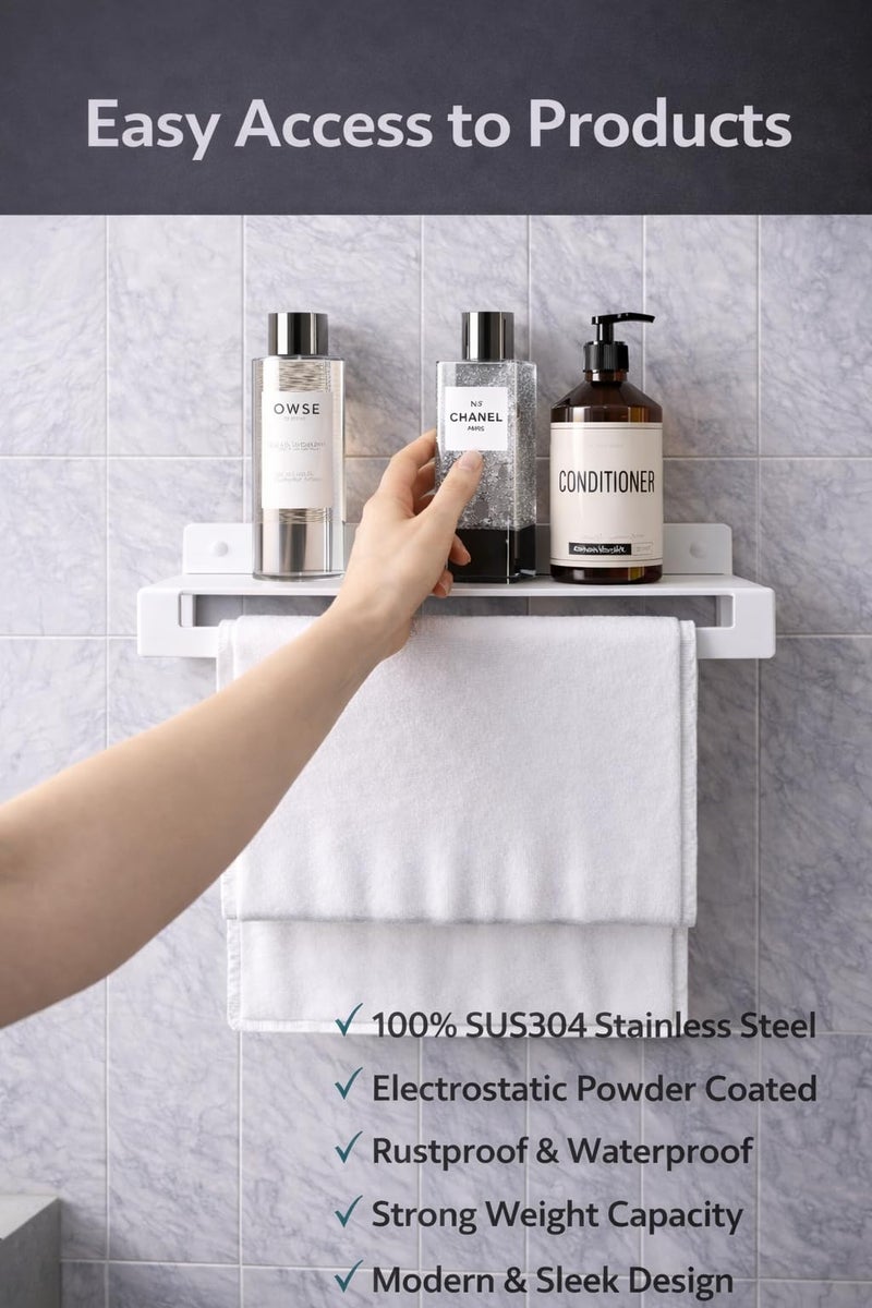 Wall Mounted Bathroom Shelf with Towel Bar – 100% Stainless Steel Rustproof Rack with Non-Peeling Electrostatic Powder Coating, Space-Saving Organizer for Bathroom & Kitchen (White) - Image 3