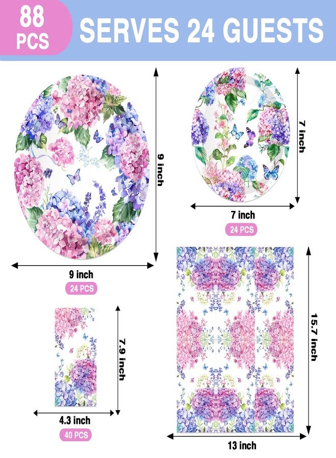 CC HOME Hydrangea Birthday Paper Plates Napkins Pink Purple Flowers Disposable Tableware Set Party Supplies Spring Floral Theme Dinnerware Serves 24 Guests for Audlts Kids Baby Shower Birthday 88PCS - Image 2