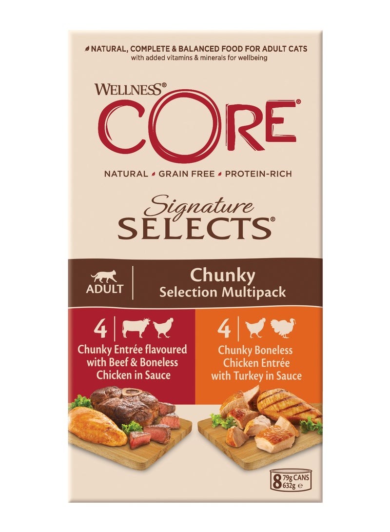 ويلنس كور طعام قطط رطب للقطط البالغة - علبة مكونة من 8 قطع بوزن 79 جرام x4 دجاج مع لحم بقري 4x دجاج مع ديك رومي - طعام قطط رطب خالي من الحبوب - اكل قطط غني بالبروتين للقطط البالغة - Image 1