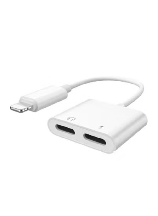 Dual Audio Converter Adapter for iPhone 7, 8, 7 Plus, X – White Charger & Headphone Splitter – Supports Simultaneous Charging and Audio Output – Compatible with Lightning Port Devices