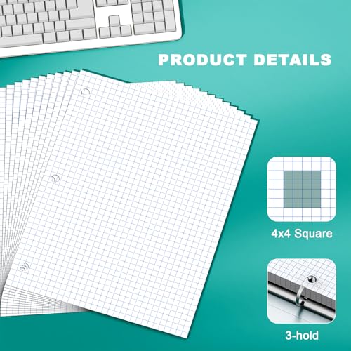 Ciphyfee Loose Leaf Graph Paper Notebook 8 X 10.5, 120 Sheets Graphing Paper Note pads，3 Hole Punched，4x4 Quad Ruled Grid Writing Pads, 10-1/2" X 8 Binder Filler Paper For, Engineering, Office, School - Image 3