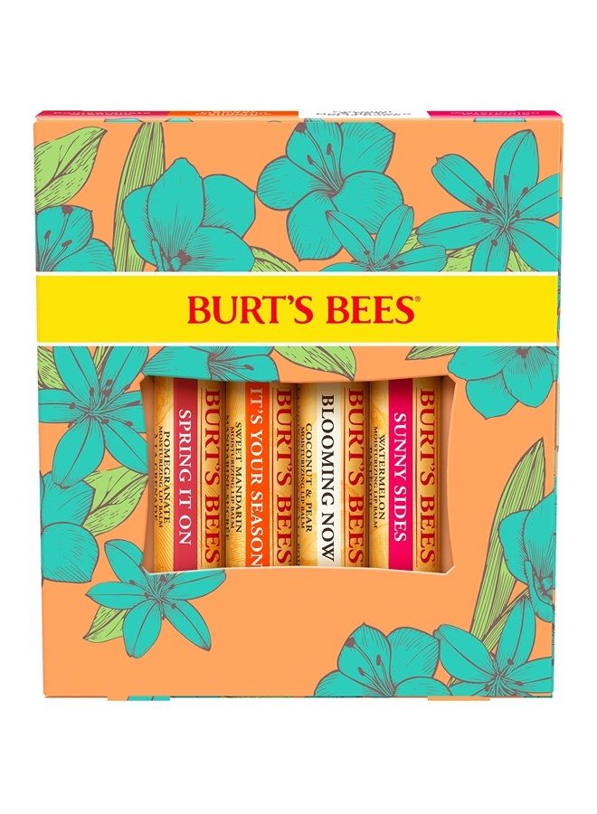Burt's Bees بلسم الشفاه هدية الربيع، هدايا العناية بالشفاه المغذية لترطيب طوال اليوم، مجموعة مختارة حديثًا - رمان، بطيخ، ماندرين حلو وجوز الهند والكمثرى، 4 عبوات (قد يختلف التغليف) - Image 1